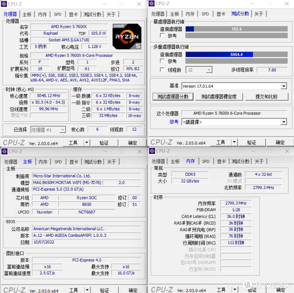 CPUZ2.03测试7600X的单核763.4分，多核5954.4分