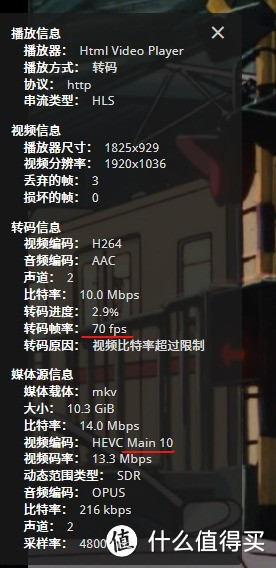 ↑↑↑ 用jellyfin转码观看H265(HEVC)-Main10的视频，转码帧率70fps，如果原视频码率很高，转码帧率还会更低