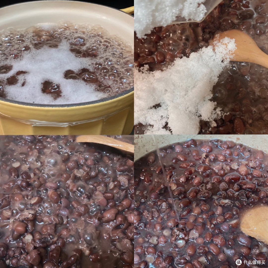 (左)煮豆子、(右)往豆子加糖是要做红豆甜品