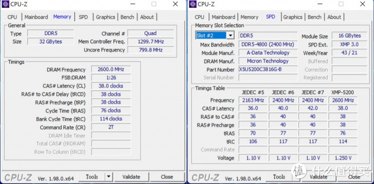 CPU-Z的信息可以看到，Lancer DDR5在XMP-5200时的CL值38-38-38-76。