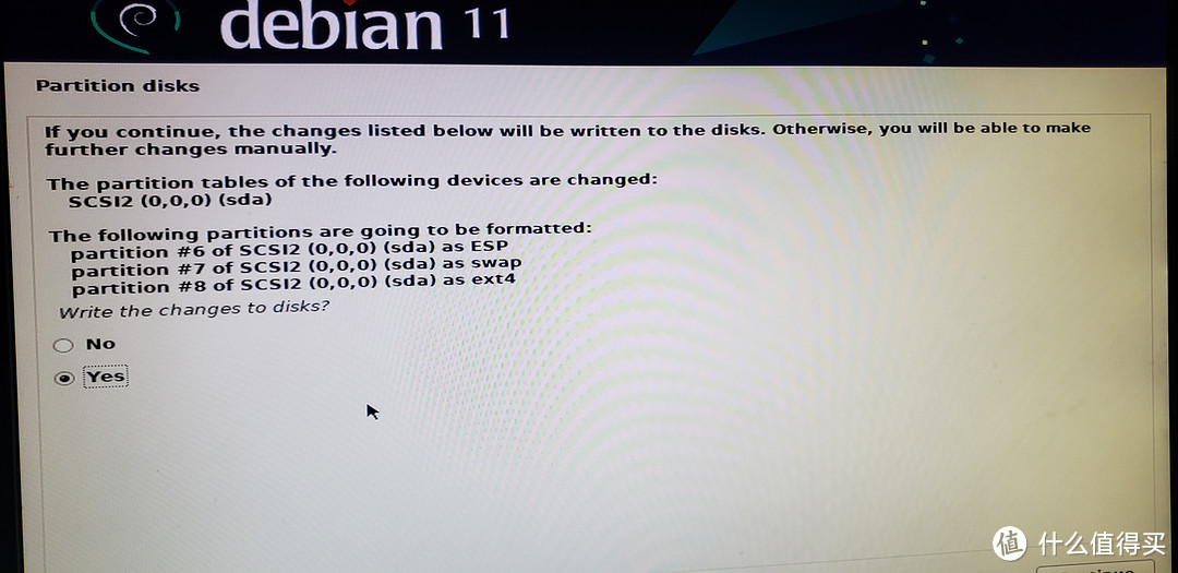 设定好分区后，Write to disks点击Yes继续安装debian系统