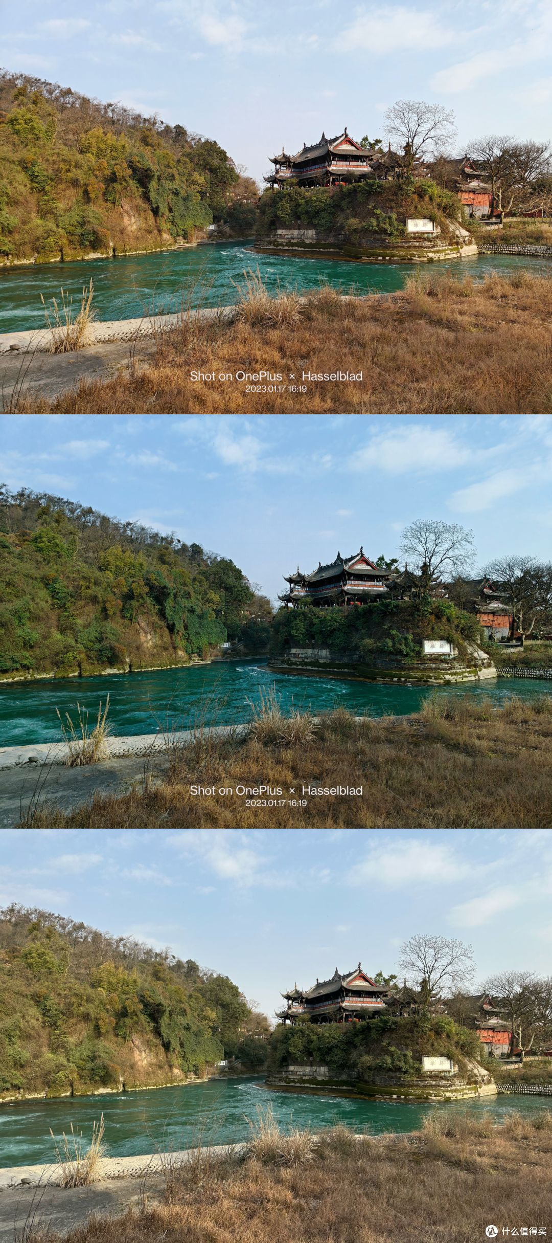 上：一加11 默认模式 AI增强打开    中：一加11 大师 · 自然模式    下：iPhone 14 Pro 原相机