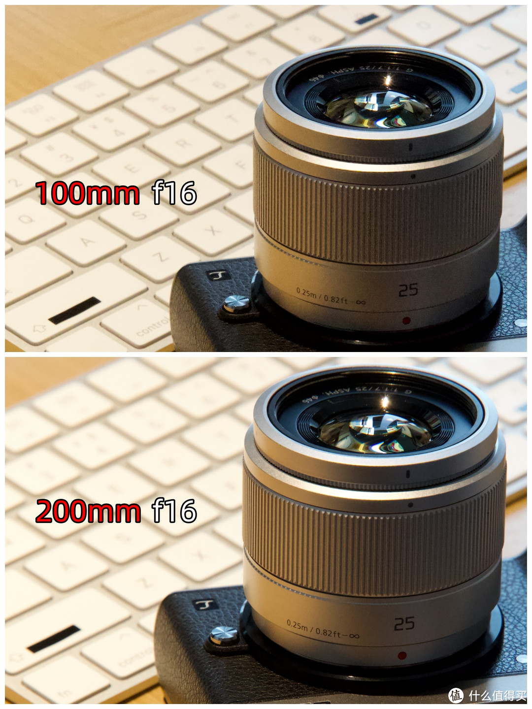 二者都是f16（光圈很小）但更长的焦段能获得更好的背景虚化效果。此对比图的原图有剪裁。