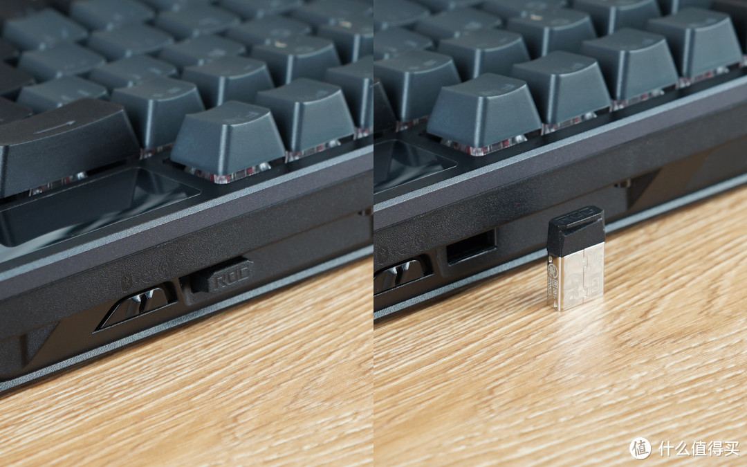 键盘的无线接收器放置在键盘顶部，磁吸式的存取方式非常方便