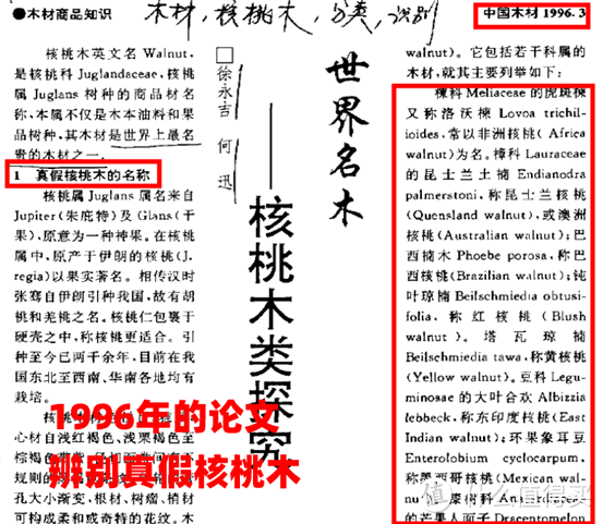 ▲1996年的文章，当时还没搞清楚国内核桃树的起源，但全世界已经有各种北美黑胡桃的仿品了