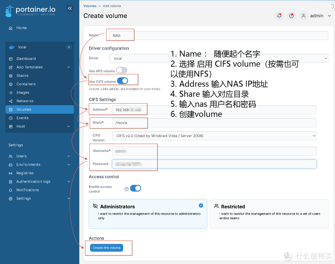 40， 参考上图按需填写，1. Name  随便起个名字 2. 选择 启用 CIFS volume（按需也可以使用NFS）3. Address 输入NAS IP地址  4. Share 输入对应目录 5. 输入nas 用户名和密码   6. 创建volume