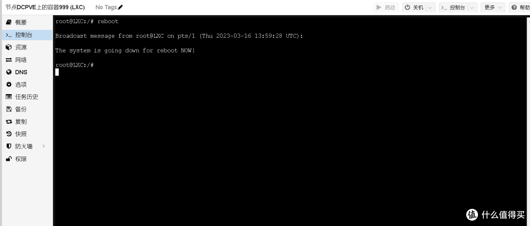 42, 在容器的控制台中输入reboot 重启容器