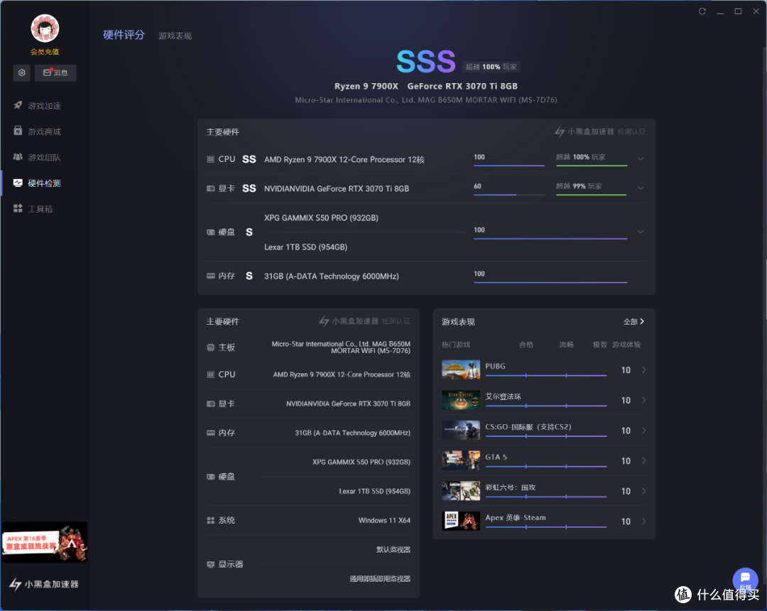 XPG白色全家桶信仰加成,7900X主机跑分255万,猛男粉灯光爱不爱