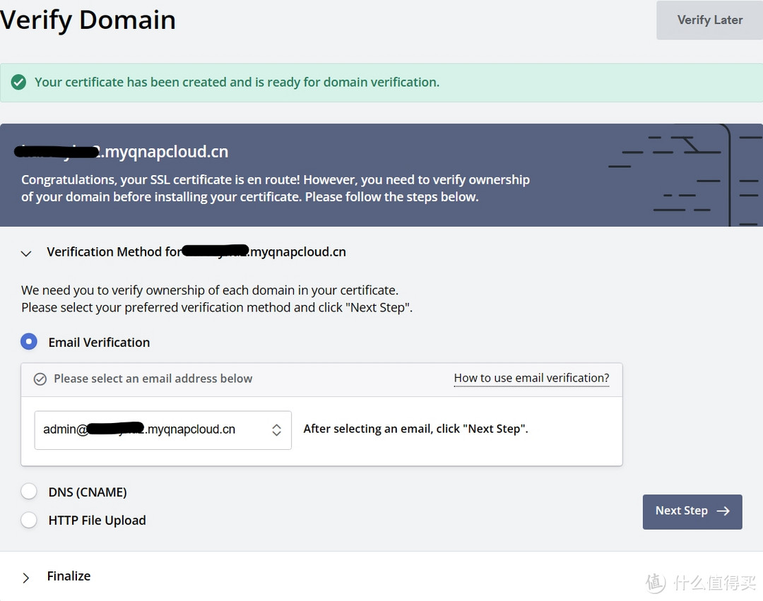 以邮件验证域名，邮件地址选择admin@你的域名.myqnapcloud.cn