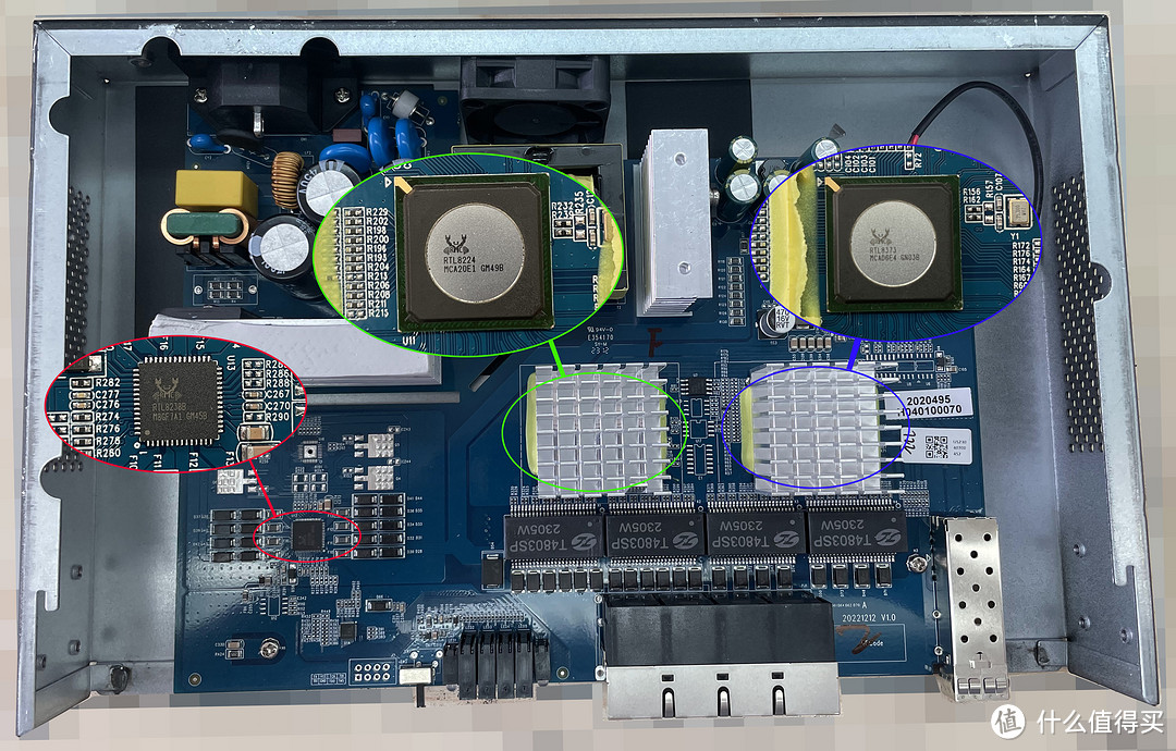 芯片详解左边是RTL8238B控制芯片、RTL8373 + RTL8224祖传交换方式！