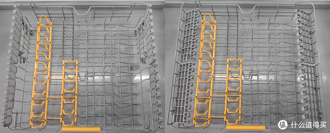 ▲慧曼I3的上层碗栏，黄色区域为可拆除的碗碟架，两侧分别有4个可调节多功能支架