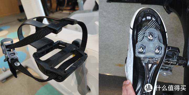 普通笼式脚踏（左）、高端锁踏+锁鞋（右）