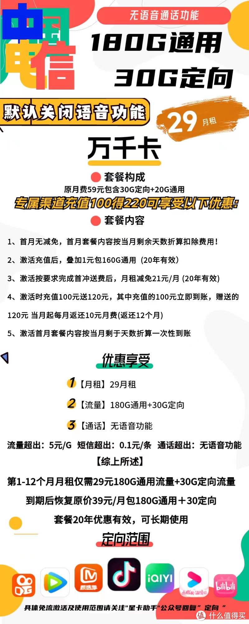 电信万千卡29元包180G通用+30G定向+无语音功能