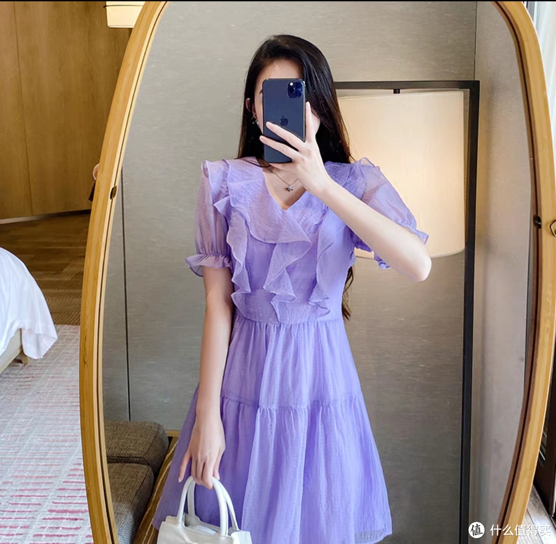 设计感小众紫色天丝连衣裙女夏季宽松收腰V领气质小个子公主裙子