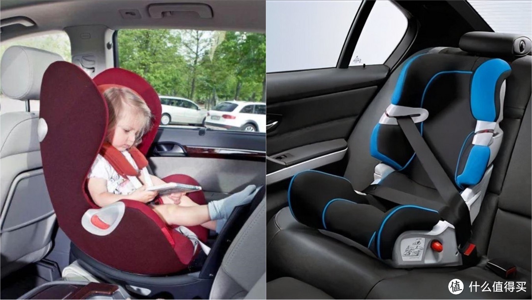 左为适合低龄宝宝的蛋壳型安全座椅，右为适合大龄儿童的增高垫