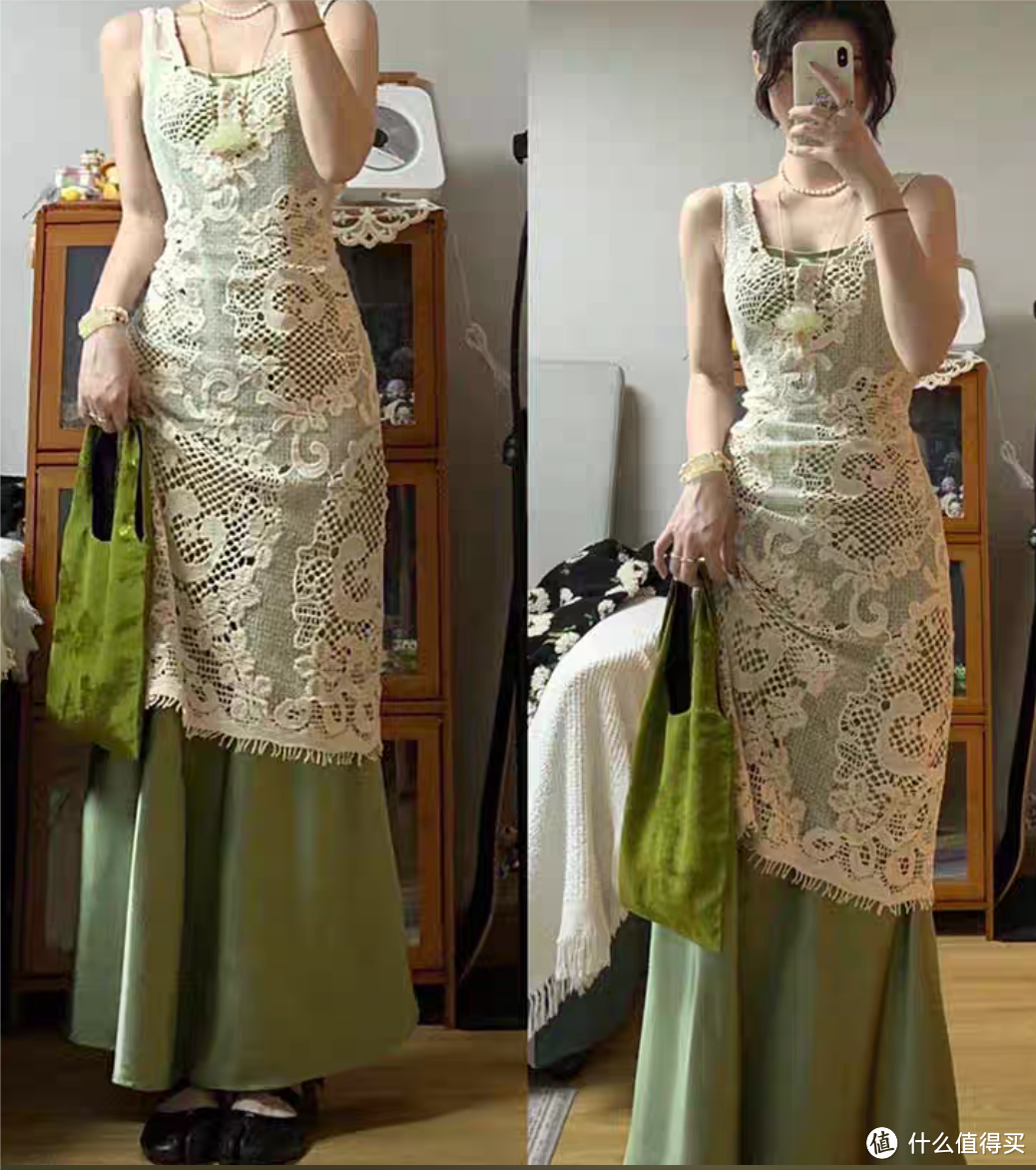 2023年新款蕾丝叠穿牛油果绿吊带连衣裙：法式长裙，物美价廉