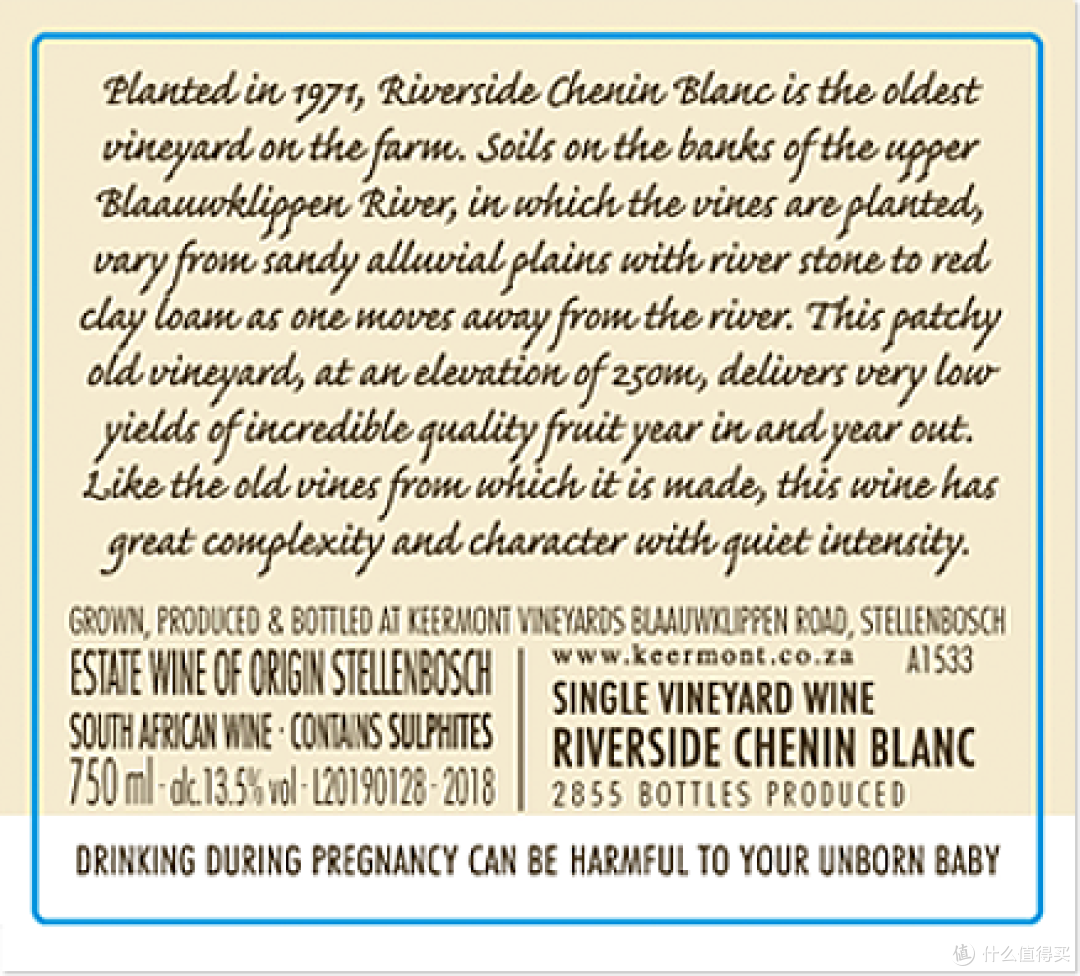 Riverside Chenin Blanc 背标-年产量2,855瓶/750ml和52瓶/1.5L