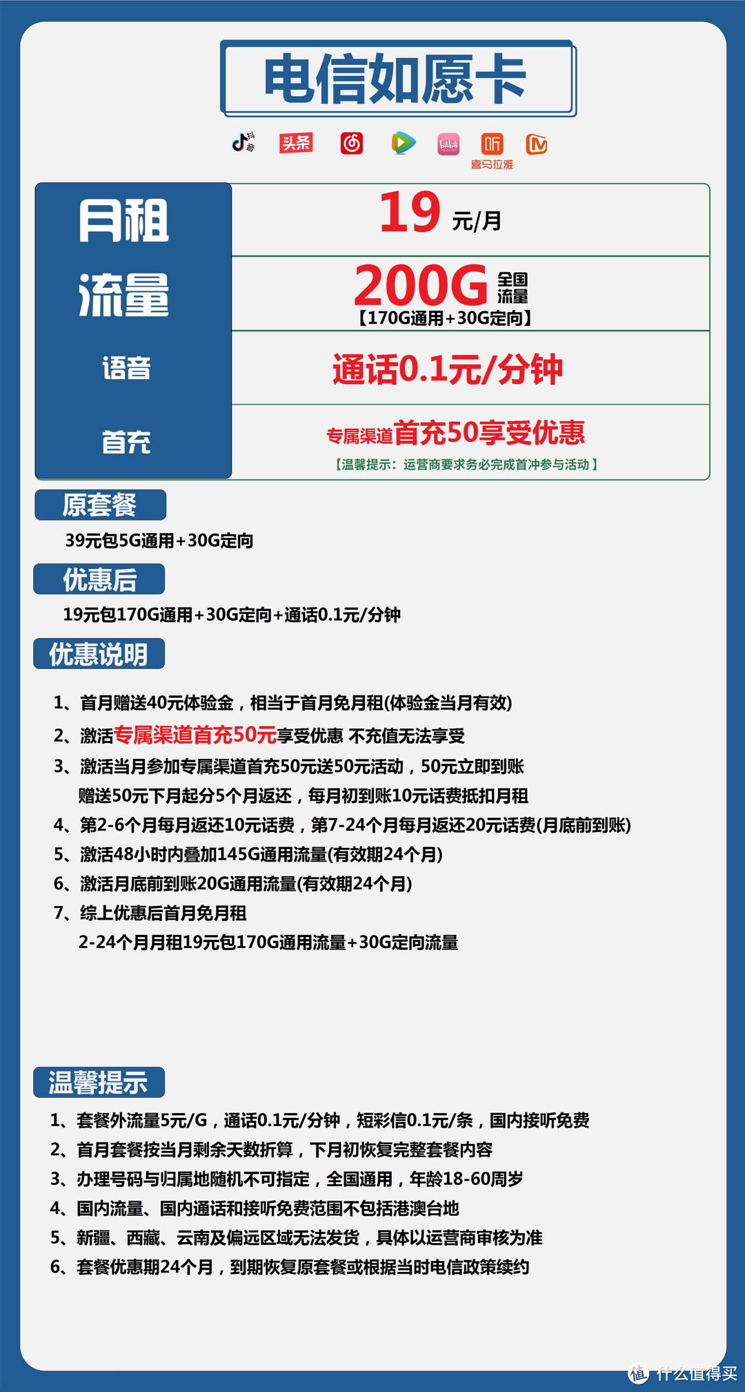 中国电信如愿卡 19元月租200G全国流量（170G通用+30G定向）首月赠送40元