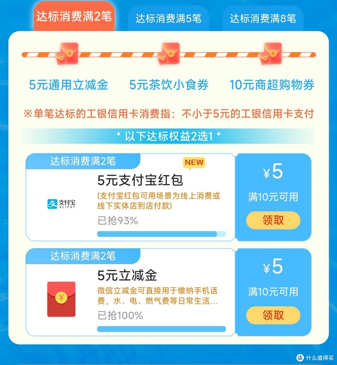 工行信用卡福利！10-5元支付宝支付红包！30-10元猫超支付红包！这里领！还有饿了么5元支付红包～