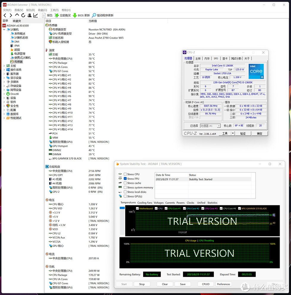 CPU 满载温度表现，AIDA64 单烤 FPU 压力测试，20 分钟左右，P-CORE 温度最大值 90°C，E-CORE 温度最大值 78°C，CPU 显示功耗 170W 左右。