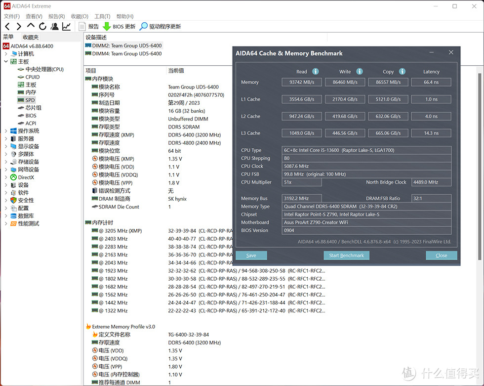 十铨 T-CREATE EXPERT 创作者 DDR5 6400 16G，内存 AIDA64 跑分表现。