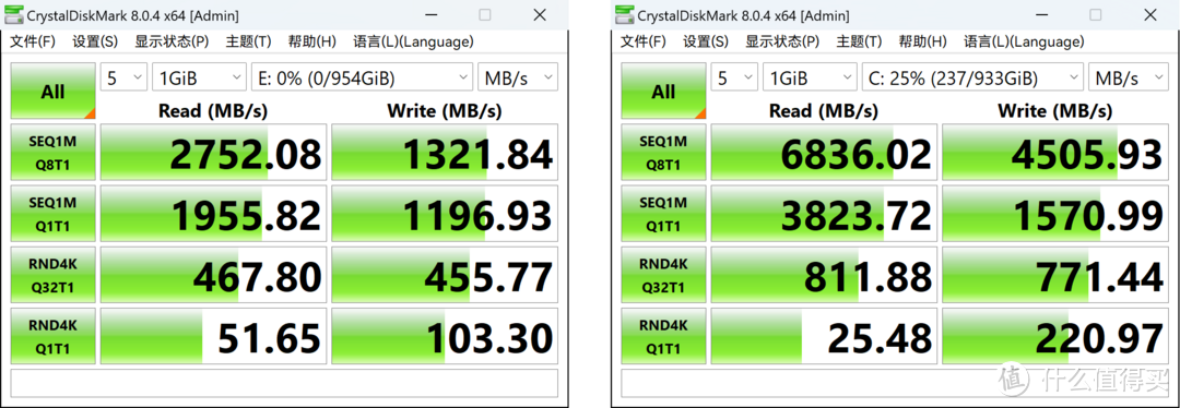 CrystalDiskMark，左硬盘盒，右电脑