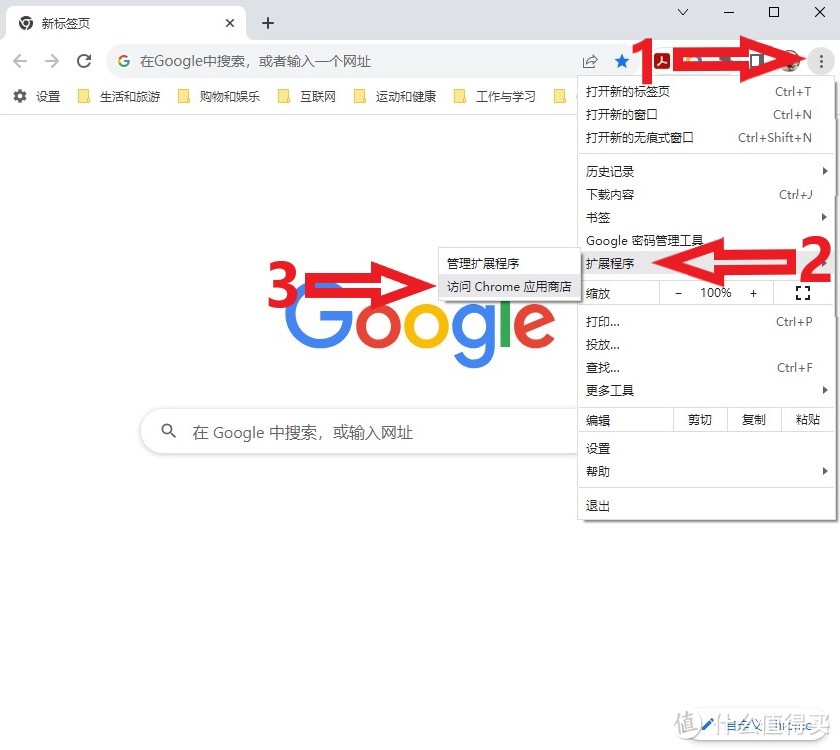 按照步骤1,2,3 分别点击竖向三个点，扩展程序，访问Chrome应用商店