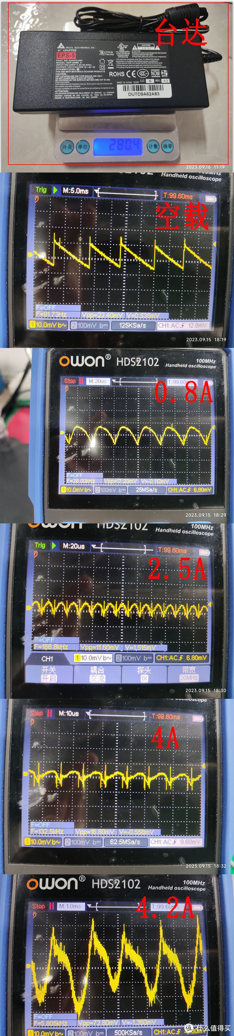 3个12V5A电源适配器纹波及效率测试