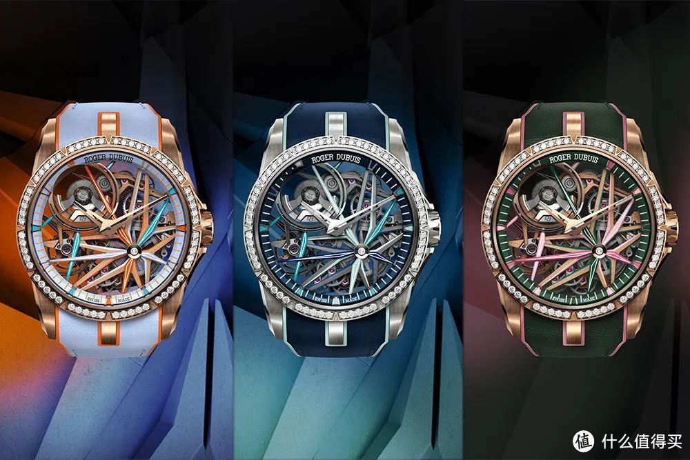王者系列霓虹腕表，从左到右分别是“冰山蓝与活力橙”、“午夜蓝与薄荷绿”、“复古绿与潮酷粉”