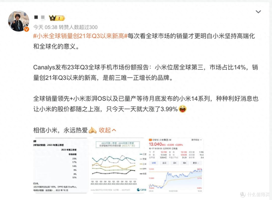雷军可以放心造车!小米手机销量稳居全球第三,还有澎湃OS底牌