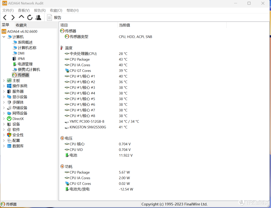 AIDA64截图，待机温度属于正常温度