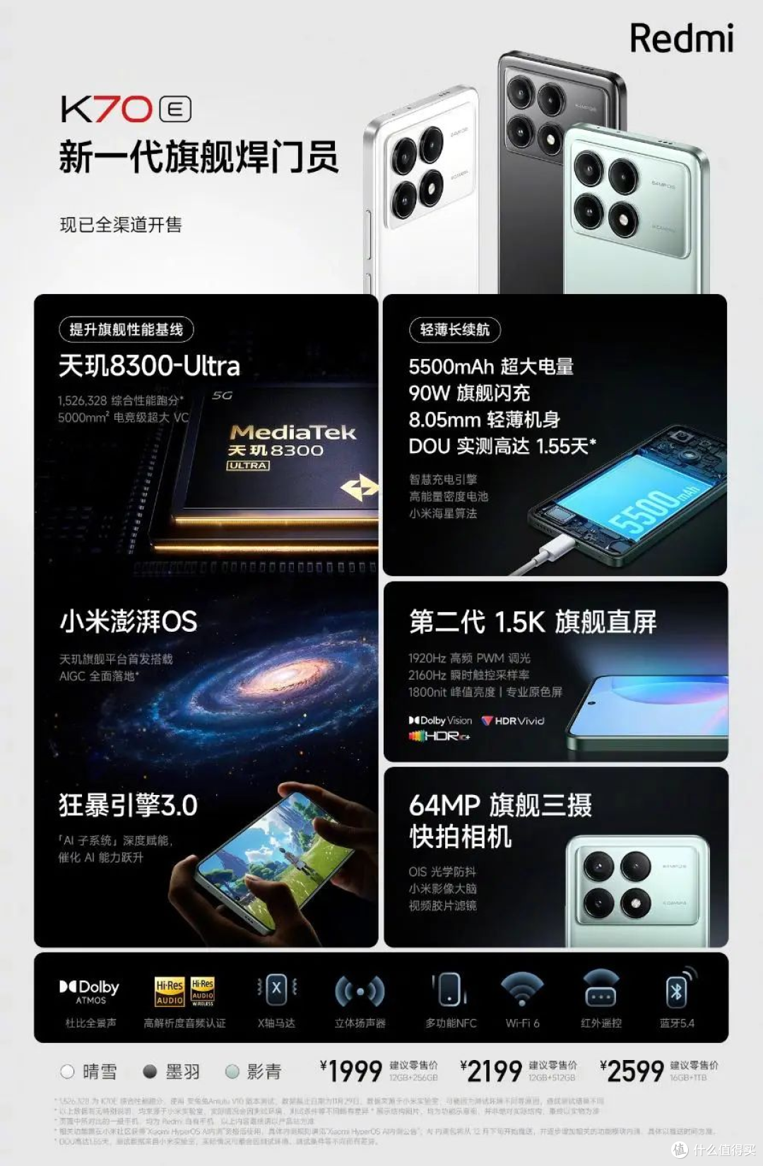 1999 元,12GB+256GB起步,小米 Redmi K70E 手机发布