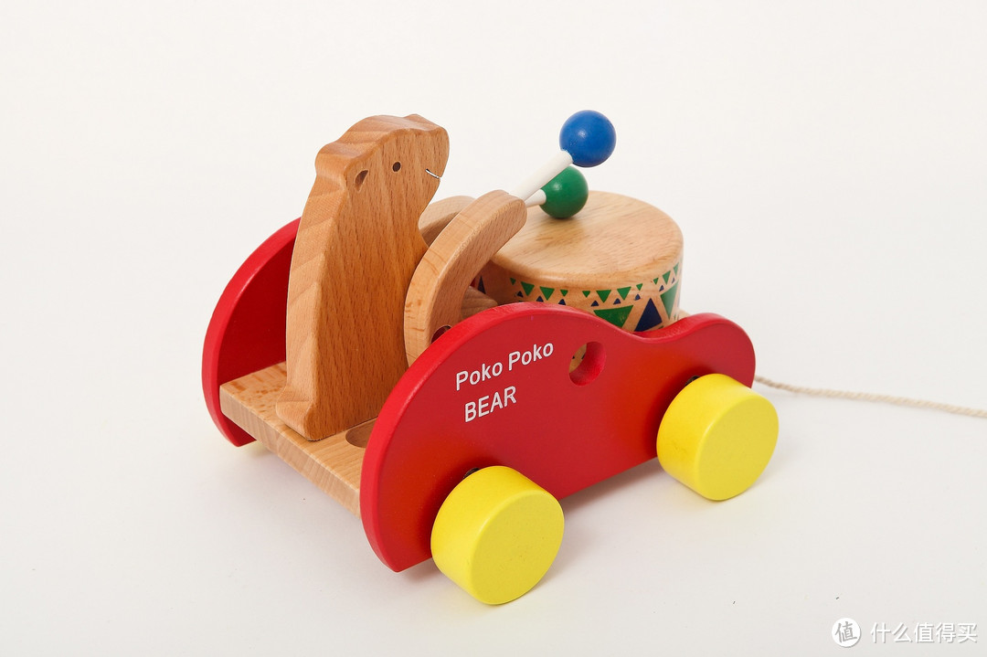 学步拖拉牵引木制早教玩具，儿童益智榉木小熊敲鼓拉拉车