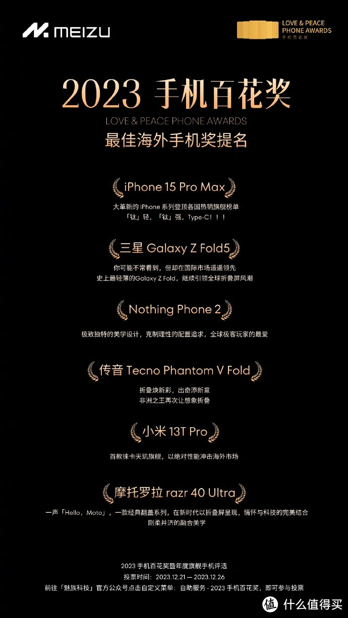 魅族开启 2023 手机百花奖评选：华为 Mate 60 Pro、魅族 21、小米 14 等入围最佳人气手机奖
