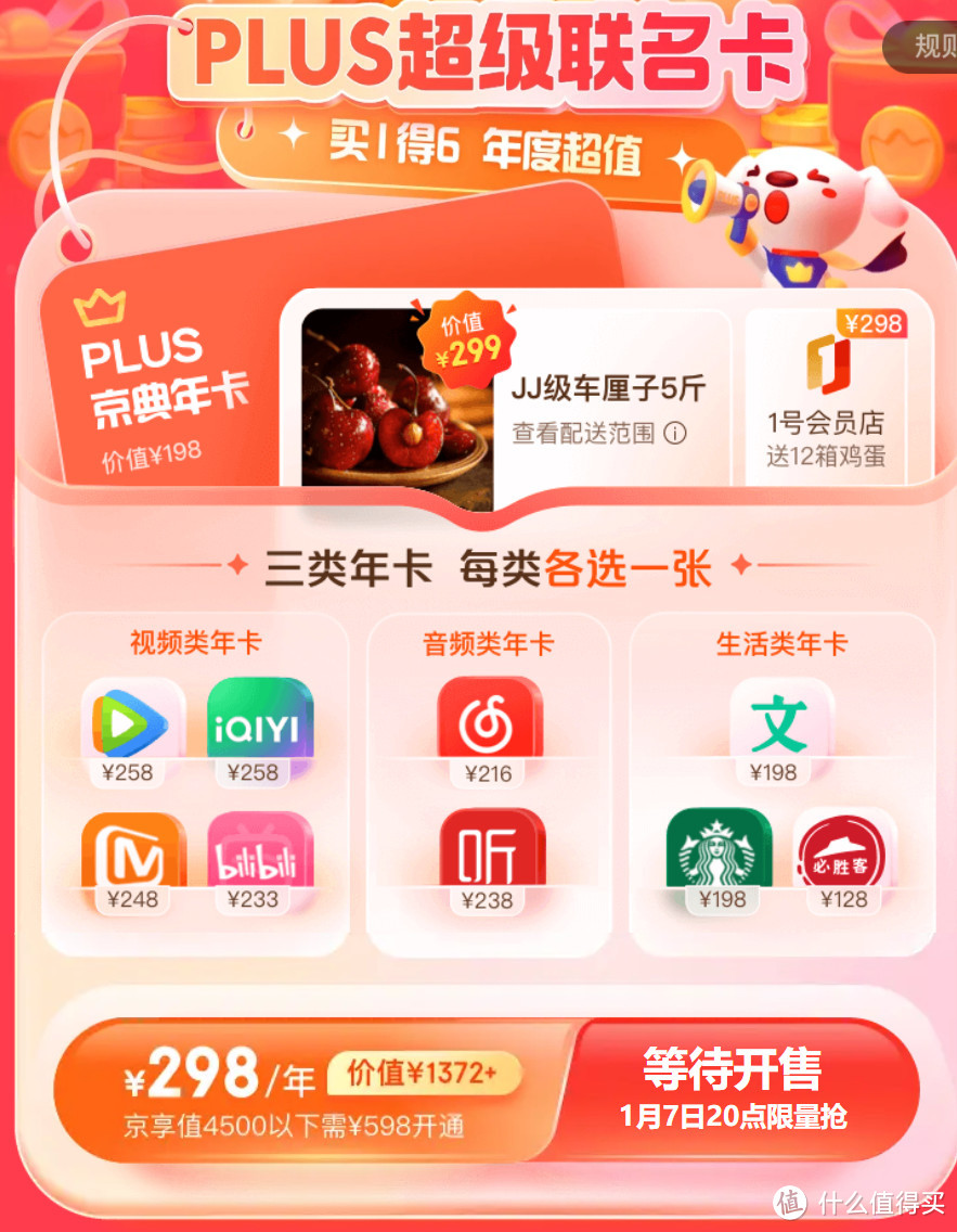 年度绝对值！京东Plus续费神车：298元=Plus年卡+视频年卡+1号店年卡+音乐年卡+jj车厘子5斤