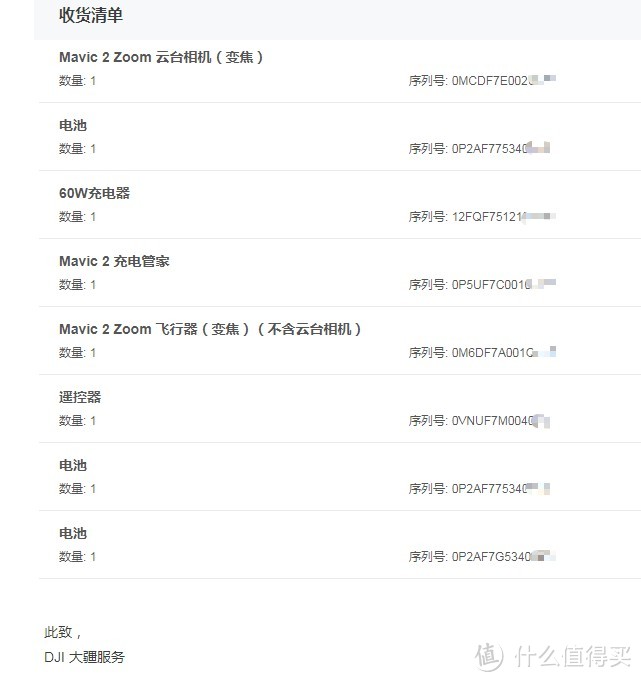 客户给大疆邮寄的产品清单，会通过邮件、短信的形式发送给到用户这边。好评！