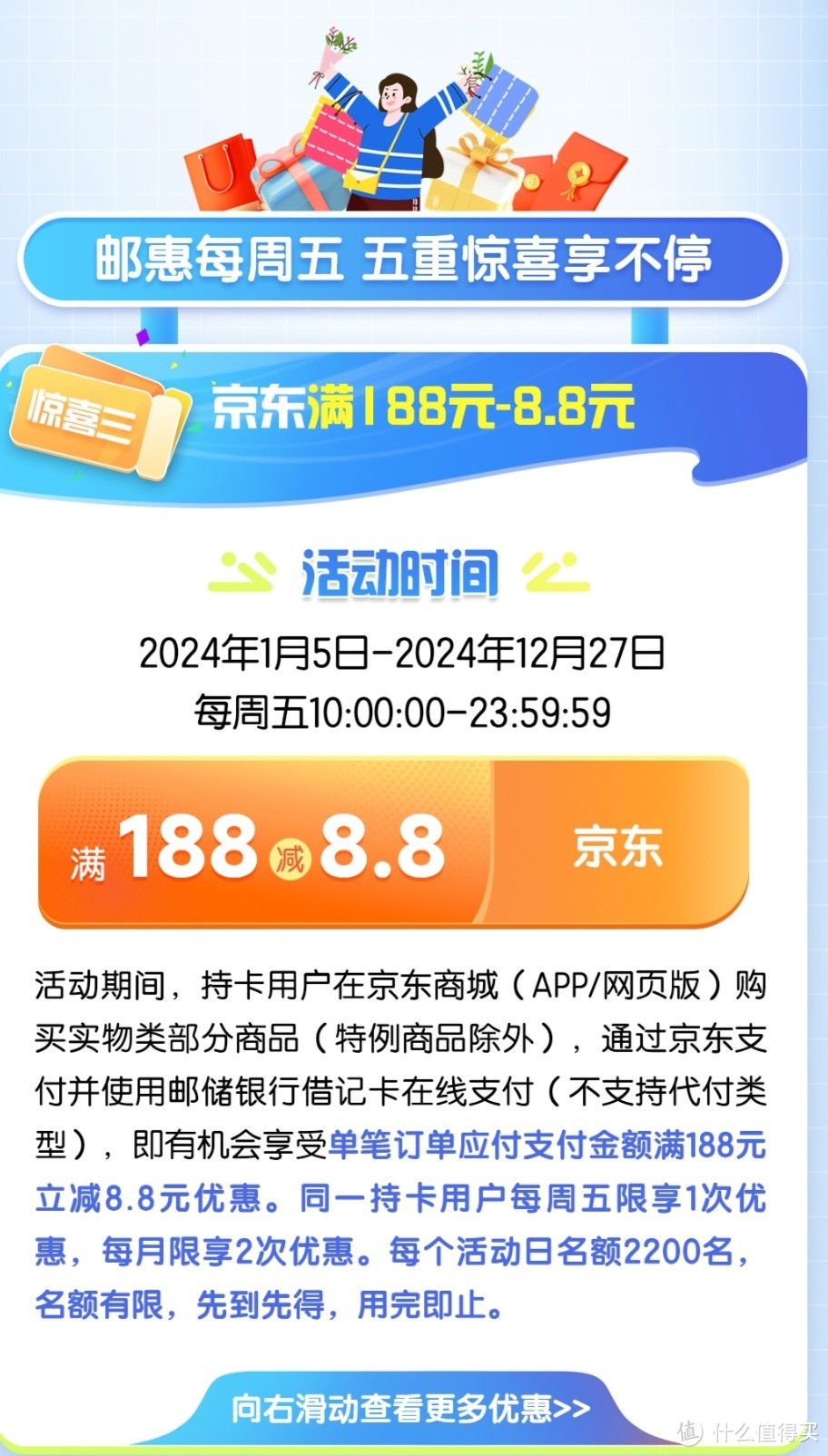 中国邮政银行一系列的省钱攻略，天猫，京东，拼汐汐，抖音，美团188/88减8.8， 最高1000元京东E卡。