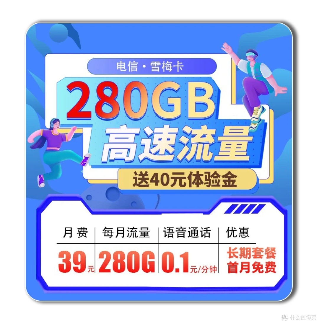 爆款！支持结转/黄金速率【20年39元280G】电信雪梅卡（长期）