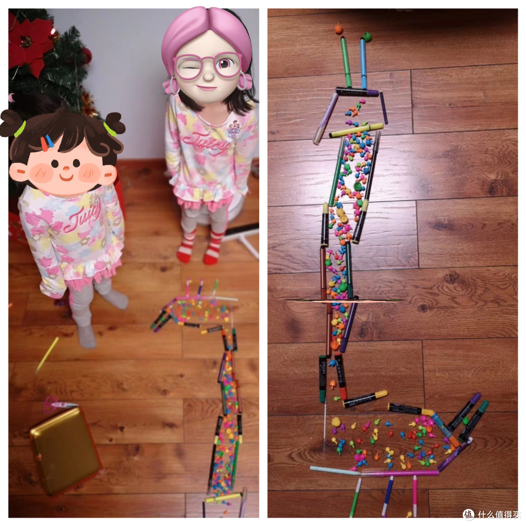 用水彩笔和玩具混搭，完成的作品《长颈鹿》