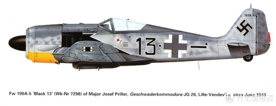 Fw-190 A-5黑色13号，普里勒任JG26联队长座机，1943年6月。这架飞机上他并没有涂装职务标识，而是使用黑色13号。