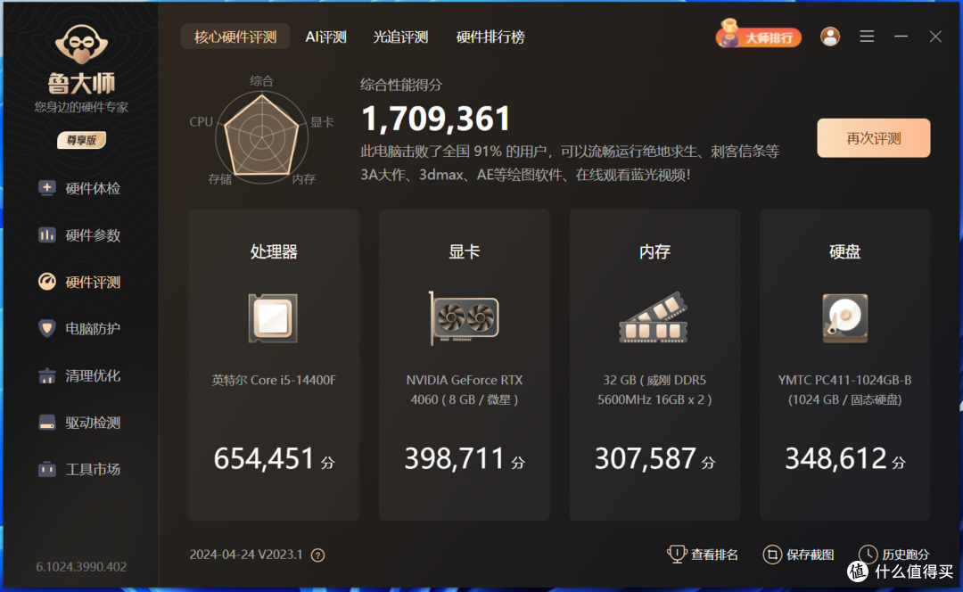 i5-14400F+RTX 4060显卡,微星暗黑骑士龙年限定版主机性能实测