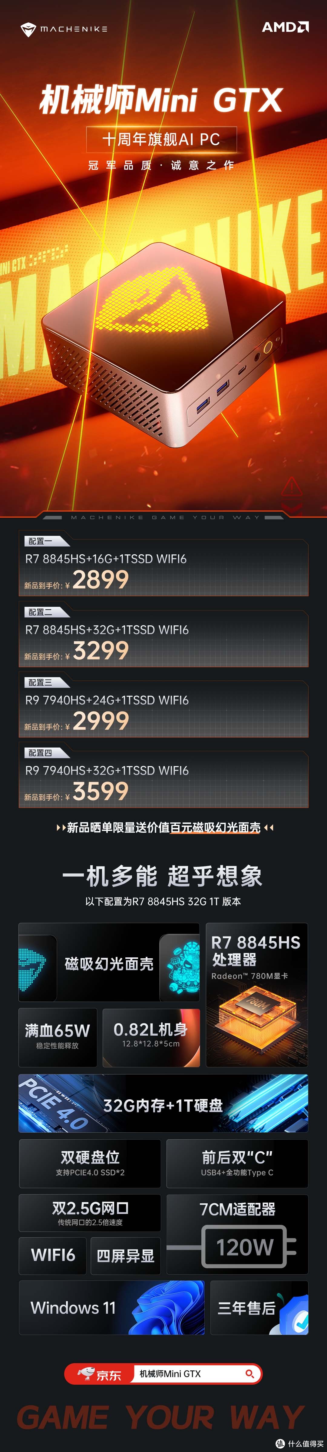 机械师 Mini GTX 迷你主机开售：可选 R7 8845HS / R9 7940HS，准系统到手 2499 元起