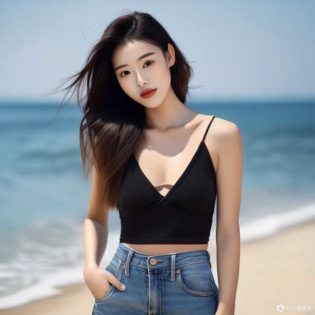 黑色小背心+高腰冰丝牛仔裤
