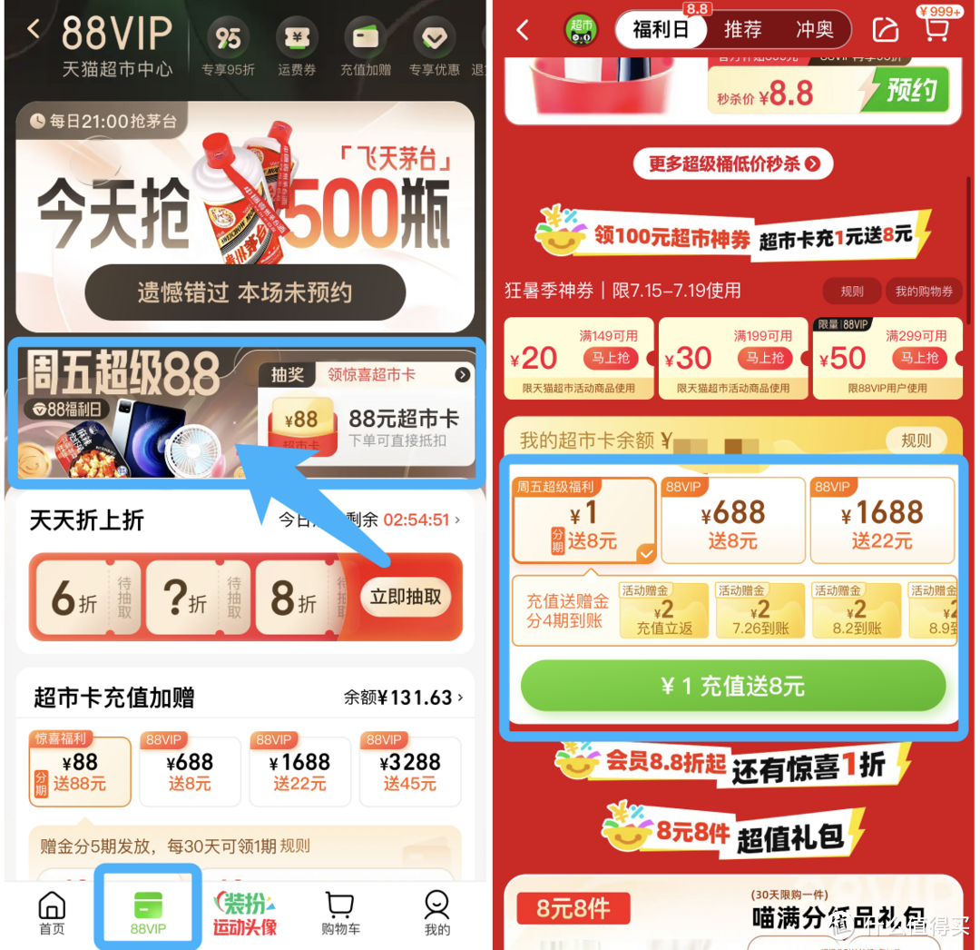 猫超卡充1送8！交行22元立减金！工行每天0.66元！转账立减！