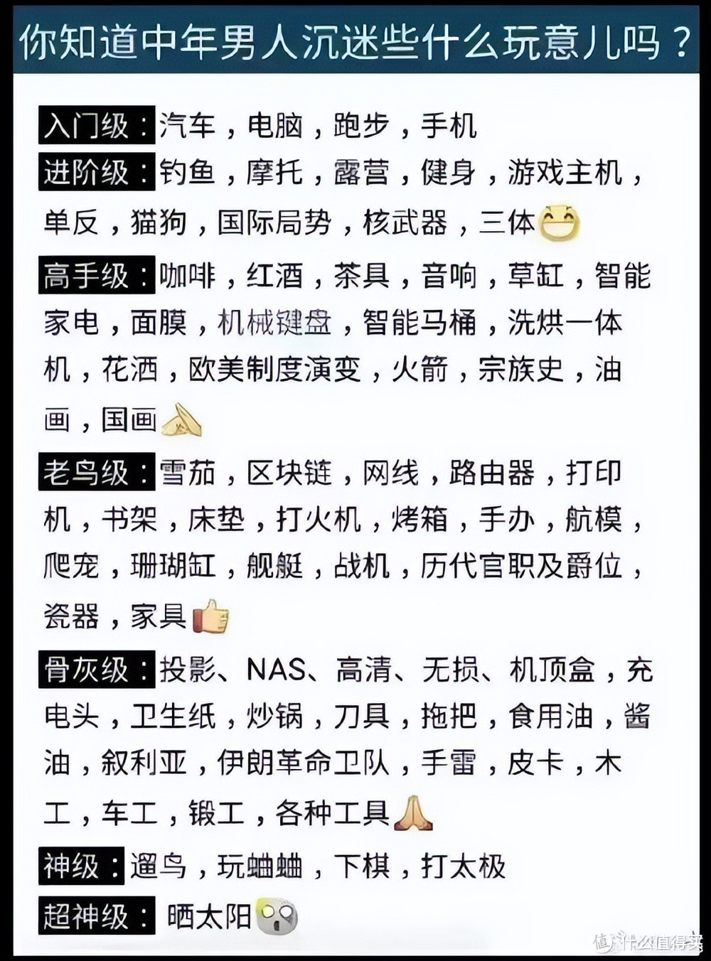 省流不费话：一句话拔草中年男人的各种爱好