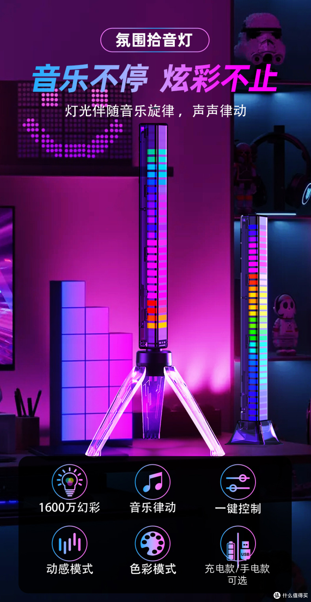 车载桌面感应创意led拾音灯RGB声控同步节奏灯网红炫彩音乐氛围灯