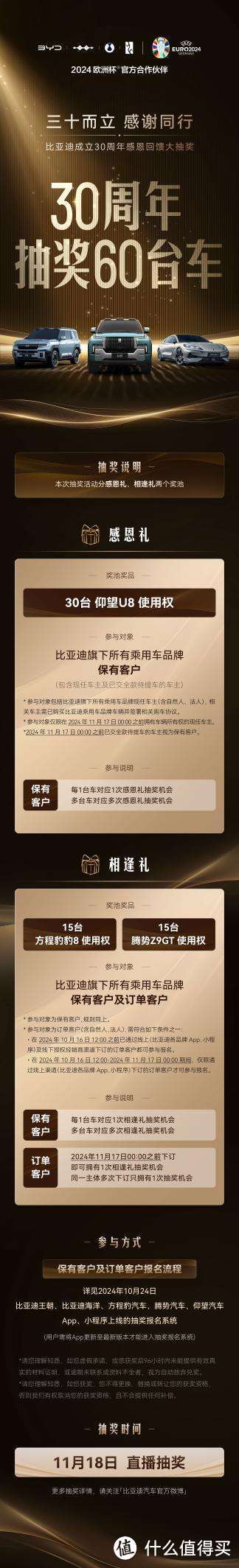 为感恩用户豪抽60台新车，其中30台是仰望U8，比亚迪太豪横了！