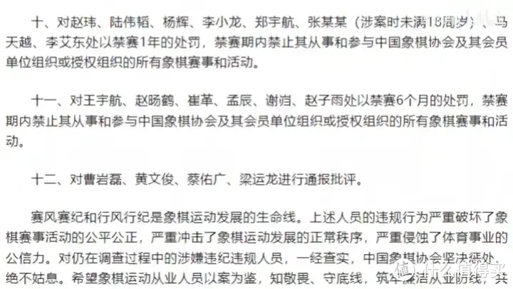 【省流总结】中国象棋协会处罚公告 对41名违规人员进行通报