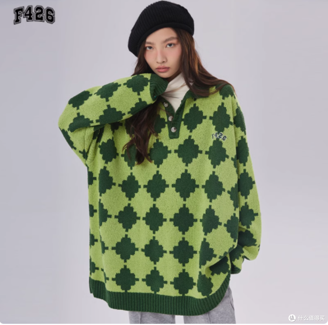 F426 国潮牌四色棋盘格宽松休闲毛衣,潮流与舒适的完美融合