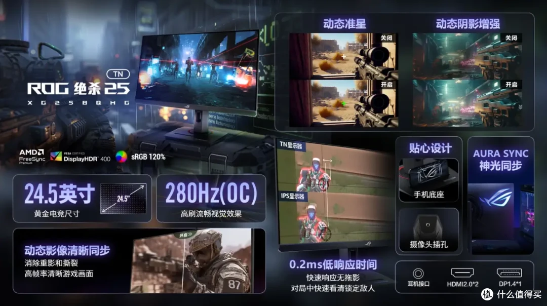 280Hz高刷+0.2ms响应,FPS 游戏专属利器,ROG绝杀25TN电竞显示器